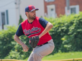 Brandyn Agnew, pitching against the Capital City Cubs at Megaffin Park on July 26, is part of a four-man Kingston Ponies rotation that has an overall record of 20-1 this season. (Kendra Pierroz/For The Whig-Standard)