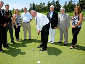 PGA TOUR Canada announced that the Thames Valley Children?s Centre (TVCC) will serve as the official charitable beneficiary of the Freedom 55 Financial Championship, On hand at the announcement was Justin Wismer, Highland Country Club, Adam Helmer, tournament director of Golf Canada, Christine Dengel, Golf Canada Regional Director, Leo Larizza, General Manager of Highland Golf Club, Mike Silver, director of golf at Highland Golf Cllub, Ray Bradley, of Highland Golf Course, and Cheryl Finn, director of sport tourism for Tourism London, l-r. Putting is Mike Cunneen, senior VP Freedom 55 Financial.  (MORRIS LAMONT, The London Free Press)