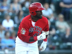 Winnipeg Goldeyes centre-fielder Reggie Abercrombie hustles down the line against the Amarillo Thunderheads during American Association baseball action at Shaw Park in Winnipeg on Wed., July 29, 2015. Kevin King/Winnipeg Sun/Postmedia Network