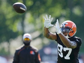 Browns wide receiver Terrelle Pryor catches a pass during practice at the team's training camp in Berea, Ohio on Thursday, July 30, 2015. (Tony Dejak/AP)