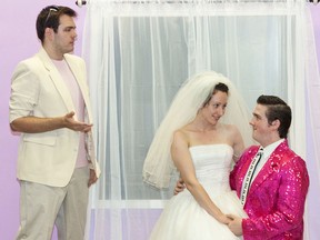 A scene from Division Entertainment's past production of The Wedding Singer is shown here, with Brent Wilkinson, Tara Norman and Devan Wales. The theatre company is holding a Farewell Extravaganza Aug. 7, 7:30 p.m., at the Imperial Theatre. 
Handout/Sarnia Observer/Postmedia Network