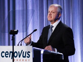 Cenovus CEO Brian Ferguson speaks at the company's annual general meeting in Calgary, Alta., Wed., April 29, 2015. It's another gloomy day in the oilpatch with oilsands giant Cenovus Energy Inc. announcing 300 to 400 jobs cuts in its Calgary office by year-end. THE CANADIAN PRESS/Larry MacDougal