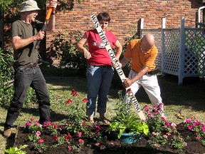 Ron Benner (left) hammers down the finishing touch to a guerilla garden on Regal Drive in London, Ontario with the help of Stephanie Kelly and German Gutierrez in the location of a planned community mailbox on Thursday July 30, 2015. (AZZURA LALANI, The London Free Press)