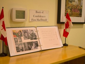 A book of condolences is set up in memory of late politician and humanitarian Flora MacDonald at the office of Kingston and the Islands MP Ted Hsu's office. (Sebastian Leck/For The Whig-Standard)