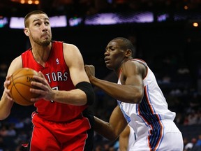 Raptors Jonas Valanciunas (left) and  Bismack Biyombo will team up at the centre position for the upcoming season. (Reuters)