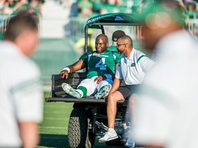 Saskatchewan Roughriders quarterback Darian Durant (#4) leaves the field during the first half  of their CFL football game against the Winnipeg Blue Bombers in Regina, Saskatchewan June 27, 2015. REUTERS/Matt Smith