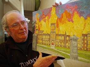 David Koyle and his 2009 stamp art image of the Alma College fire. Koyle died July 21.
