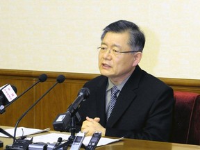 Hyeon Soo Lim speaks during a news conference at the People's Palace of Culture in Pyongyang, in this undated photo released by North Korea's Korean Central News Agency (KCNA) on July 30, 2015. (REUTERS/KCNA)