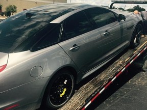 David Price posted this photo to Twitter Friday, July 31, 2015 of his car "Jenny" being towed after getting a flat tire on his way to Toronto for a Blue Jays press conference.