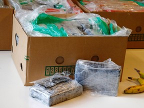 Confiscated cocaine packed in banana boxes are displayed during a new conference in Berlin, Jan. 7, 2014. Some 140 kilos of cocaine, worth six million euros were discovered on Monday Jan. 5, 2015 packed in banana boxes in discount supermarkets in Berlin. The haul of drugs shipped from Colombia, is the second largest found by German police and customs in the last 35 years, a police spokesperson said.    (REUTERS/Tobias Schwarz)