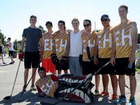 SARAH HYATT/THE INTELLIGENCER
Team Evan Hill at the memorial tournament at St. Theresa Catholic Secondary School. Pictured here, in front is, Dawson Whyte. Back, left to right are: Wyatt Brauer, Landon Meek, Jake Love, Warren Madsen, Ben Russett, Mason Hum, and Nick Salt.