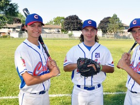 Tyler Pauli (left), Barry Eidt and Derek Elliott are three Mitchell area players who will play for the New Hamburg/Stratford Cubs at the Canadian U21 men’s softball championships in Napanee next week, Aug. 10-16. ANDY BADER/MITCHELL ADVOCATE
