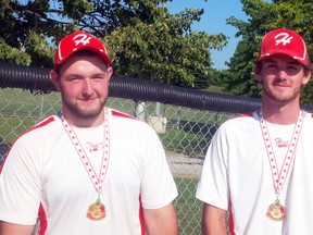 Area residents Dan Skinner (left) and Evan Lindsay are valuable pieces of the New Hamburg midget boys softball team, as they prepare to win gold at the U19 Canadian softball championships in New Brunswick Aug. 10-15. SUBMITTED