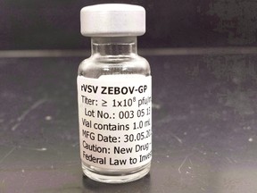 A vial of the Canadian-made Ebola vaccine rVSV-ZEBOV, is pictured in a recent photo. (THE CANADIAN PRESS)
