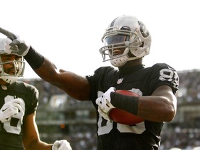 Wide receiver James Jones, right, seen here with the Oakland Raiders last season, has signed on with the New York Giants. (Cary Edmondson-USA TODAY Sports)
