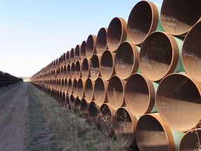 A yard in Gascoyne, ND., which has hundreds of kilometres of pipes stacked inside it that are supposed to go into the Keystone XL pipeline, should it ever be approved are shown shown on Wednesday April 22, 2015. The pipes have been sitting there for three years. THE CANADIAN PRESS/Alex Panetta