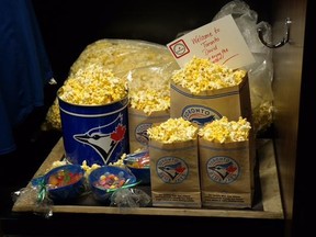 The Toronto Blue Jays tweeted a photo of popcorn waiting at new pitcher David Price’s locker on July 31, 2015. (TWITTER.COM/BLUEJAYS)