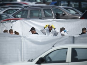 Crash investigators inspect the site of an airplane crash at the British Car Auctions lot next to Blackbushe Airport, near Camberley, in southern Britain, on Aug. 1, 2015. The private jet crashed in southern England on Friday, killing four people on board, a spokesman for Britain's Hampshire police service said, and Saudi and British media said the passengers were relatives of deceased al-Qaida leader Osama Bin Laden. (REUTERS/Luke MacGregor)