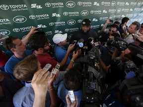 New York Jets defensive end Sheldon Richardson talks with reporters at NFL football training camp in Florham Park, N.J., on July 31, 2015. (AP Photo/Adam Hunger)