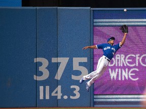 Toronto Blue Jays left fielder Ben Revere catches a ball during the fourth  inning in a game against the Kansas City Royals at Rogers Centre on Aug. 1, 2015. (Nick Turchiaro/USA TODAY Sports)