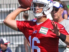 Buffalo Bills quarterback Matt Cassel has 54 more starts than EJ Manuel. But Cassel, who is coming back from broken bones in his left foot that ended his season in Minnesota last year, has looked terrible so far in training camp. (John Kryk/Postmedia Network)