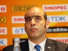 IAAF General Secretary Essar Gabriel attends a press conference prior to the start of the IAAF World Youth Championships Cali 2015 on July 14, 2015. Gabriel refused to comment on a potential scandal after hundreds of 'abnormal' blood samples from Olympic and world champions were reportedly leaked. (Patrick Smith/Getty Images for IAAF/AFP)