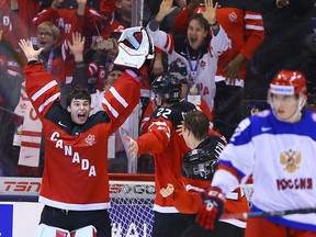Canadian goaltender Zach Fucale celebrates his team’s gold-clinching win over Russia last winter in Toronto. (DAVE ABEL/TORONTO SUN)
