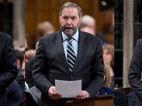 Three images showing Prime Minister Stephen Harper, NDP Leader Tom Mulcair and Liberal Leader Justin Trudeau in the House of Commons on March 24, 2015. (THE CANADIAN PRESS/Adrian Wyld)
