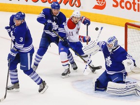 Maple Leafs goalie Jonathan Bernier is pictured last April 11 in a game against the Montreal  Canadiens. (Toronto Sun files)