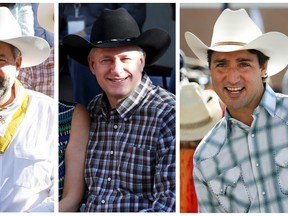 A combination picture shows (L-R) NDP leader Thomas Mulcair, Prime Minister Stephen Harper and Liberal leader Justin Trudeau attending the Calgary Stampede in Calgary, Alta., on July 3, 2015. (REUTERS/Todd Korol)