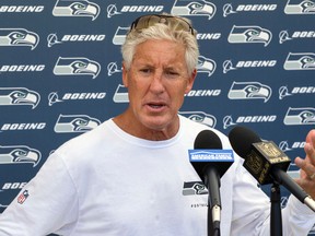 Seattle Seahawks head coach Pete Carroll speaks to members of the media following NFL football training camp on Friday, July 31, 2015, in Renton, Wash. (AP Photo/Stephen Brashear)