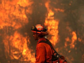 An inmate monitors a backfire during a burn operation to head off the Rocky Fire on August 2, 2015 near Clearlake, California. Over 1,900 firefighters are battling the Rocky Fire that has burned over 46,000 acres since it started on Wednesday afternoon. The fire is currently five percent contained and has destroyed at least 14 homes.  Justin Sullivan/Getty Images/AFP