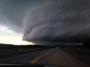 A massive wind and electrical storm rolled in off Lake Huron, causing widespread damage to trees and property, along with hail and heavy rains. Tina Filion took this photo of the storm cell approaching Lucknow while she was on Holyrood Line in Huron-Kinloss. (FACEBOOK PHOTO)