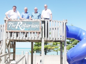 The Town of Goderich has received $50,000 from the federal government’s Canada 150 Community Infrastructure Program for the revitalization of waterfront playground equipment. Pictured are (left to right) Goderich Mayor Kevin Morrison, director of operations Chip Wilson, Coun. Myles Murdock and Huron-Bruce MP Ben Lobb. (Dave Flaherty/Goderich Signal Star)