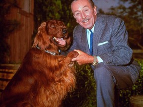 In this Dec. 23, 1965, file photo, Walt Disney poses for a photo with an Irish setter. Talking to TV critics Sunday, Aug. 2, 2015, about PBS' "American Experience" September documentary on Disney, composer Richard Sherman (Disney's "Mary Poppins," "The Jungle Book") dismissed lingering criticism of Disney. Disney was a complex figure, both celebrated and condemned, but allegations that he was a rabid anti-Semite are unproven, Disney experts said. (AP Photo, File)