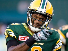 Patrick Watkins converted one of his two interceptions on Friday into a touchdown, but head coach Chris Jones says there are things that the Eskimos defence is working to improve. (David Bloom, Edmonton Sun)