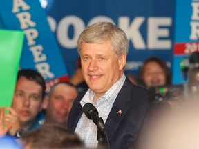 Prime Minister Stephen Harper speaks to a full house of supporters during a campaign stop in Kingston, Ont. at Minos Village on Monday August 3, 2015 . Julia McKay/The Kingston Whig-Standard/Postmedia Network