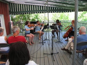 JACK EVANS/ SPECIAL TO THE INTELLIGENCER
This string quartet at the Music and Port Milford annual camp comprises of (left to right) Margaret Ellman, first violin, Poughkeepsie, N.Y., Andrea Ramos, second violin, the Bronx, N.Y.,  Akua Kwarko-Fosu, viola (one of the camp counsellors, from the Toronto area), and  Julia Tortorello-Allen, Bedford Corners, N.Y.