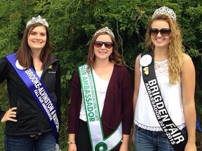 Carlie Douglas, Janessa O'Hara and Rebecca van Klaveren, pictured here, are three of the five Lambton County fair ambassadors who will compete at the Canadian National Exhibition this month. Along with with Lambton's Mia van Bree and Jory Fulcher, they'll be competing for the Ambassador of the Fairs crown against roughly 70 competitors from across Ontario.Handout/Sarnia Observer/Postmedia Network