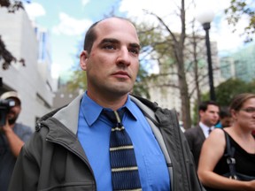 Franck Gervais leaves Ottawa court on Tuesday, Aug. 4, 2015 after being sentenced to a year of probation for wearing a military uniform and medals despite not being a Canadian soldier. (MIKE CARROCETTO Ottawa Sun / Postmedia Network)