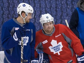 James van Riemsdyk and Phil Kessel during Toronto Maple Leafs practice at the Mastercard Centre in Etobicoke February 11, 2015. (Craig Robertson/Toronto Sun)