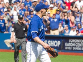 Blue Jays pitcher Aaron Sanchez reacts after he was ejected from a game on Aug. 2. (The Canadian Press)