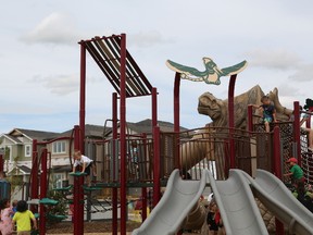 The dinosaur playground in front of new homes going up in Meadowview.