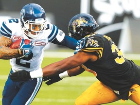 Argos’ Chad Owens injured his ankle in Monday’s game against the Ticats. (Dave Abel/Toronto Sun)