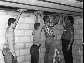 Age-Dispatch July 18 1963 Fallout Shelter:  Working on Dr. Roder’s fallout shelter are, left to right, John Pearson, Norman Roder, Nelson Foster, and Lorne Gorman.