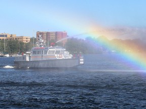 A rainbow is created as the newest fireboat in the New York City Fire Department fleet is tested in Kingston's harbour on Wednesday. (Ian MacAlpine/The Whig-Standard)