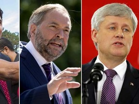 Liberal leader Justin Trudeau, left, New Democratic Party leader Thomas Mulcair, centre, and Prime Minister Stephen Harper. (Reuters file photos)