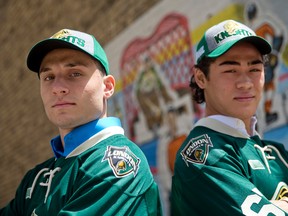 JJ Piccinich of Englewood, N.J., and Kole Sherwood of Columbus, Ohio were officially introduced as new London Knights Wednesday at Budweiser Gardens. The two American newcomers could find themselves playing on one of the team?s top two lines with centres Mitch Marner and Christian Dvorak. (CRAIG GLOVER, The London Free Press)