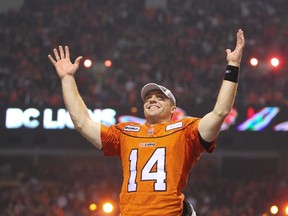 Travis Lulay, shown here after the Lions 2011 Grey Cup victory in a season that saw them lose the first five games, says the team's veterans know what it takes to turn things around. (Postmedia Network)