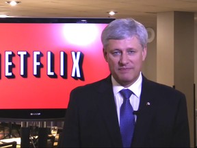 Stephen Harper appears in a campaign video vowing not to tax Netflix and other digital streaming services.